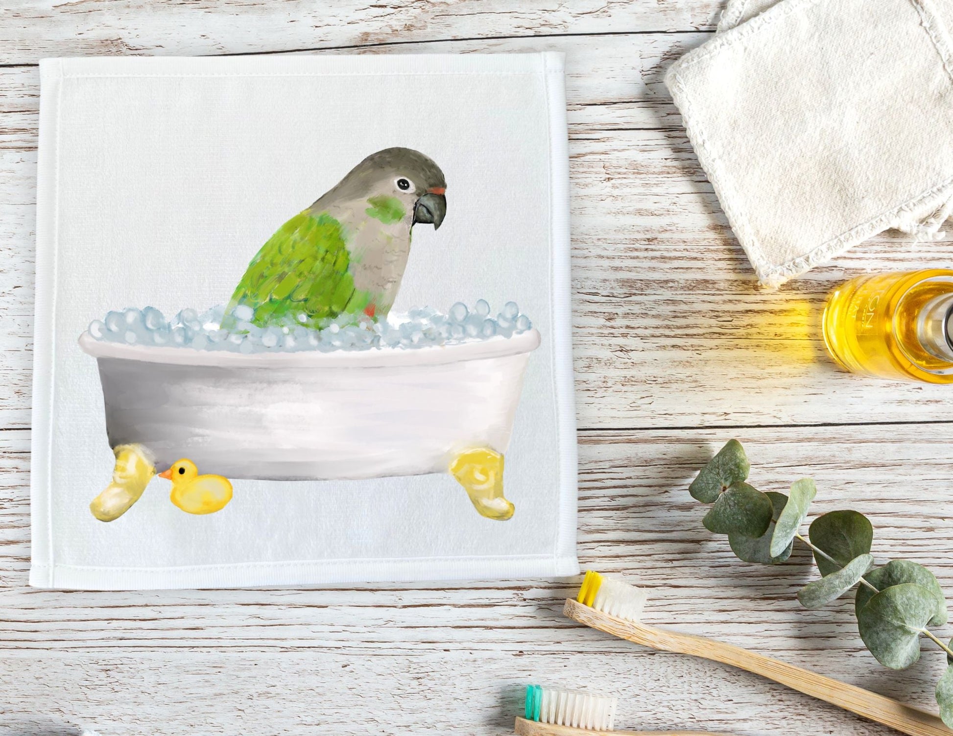 Green Cheek Conure in Bubble Bath Washcloth – A Tropical Bird - Themed Towel - MerikaArt