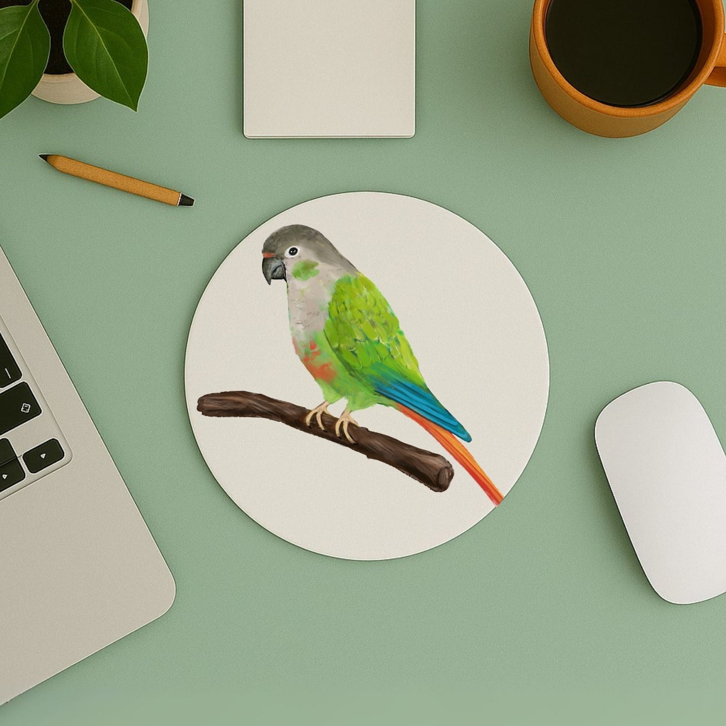 Green - Cheek Conure Mousepad - MerikaArt