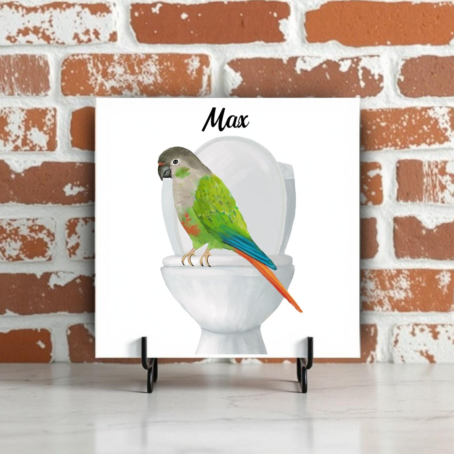 Green Cheek Conure on Toilet Ceramic Tile – Handcrafted Whimsical Bird Decor - MerikaArt