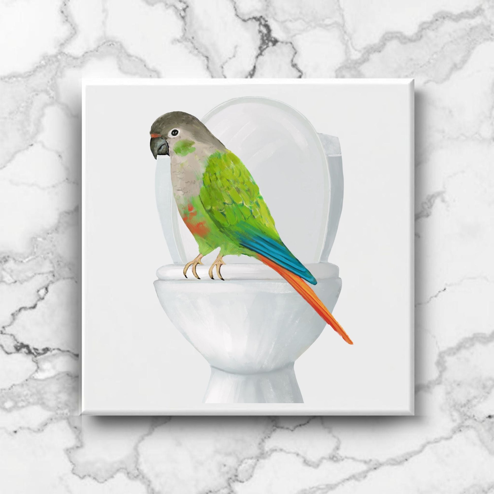 Green Cheek Conure on Toilet Ceramic Tile – Handcrafted Whimsical Bird Decor - MerikaArt