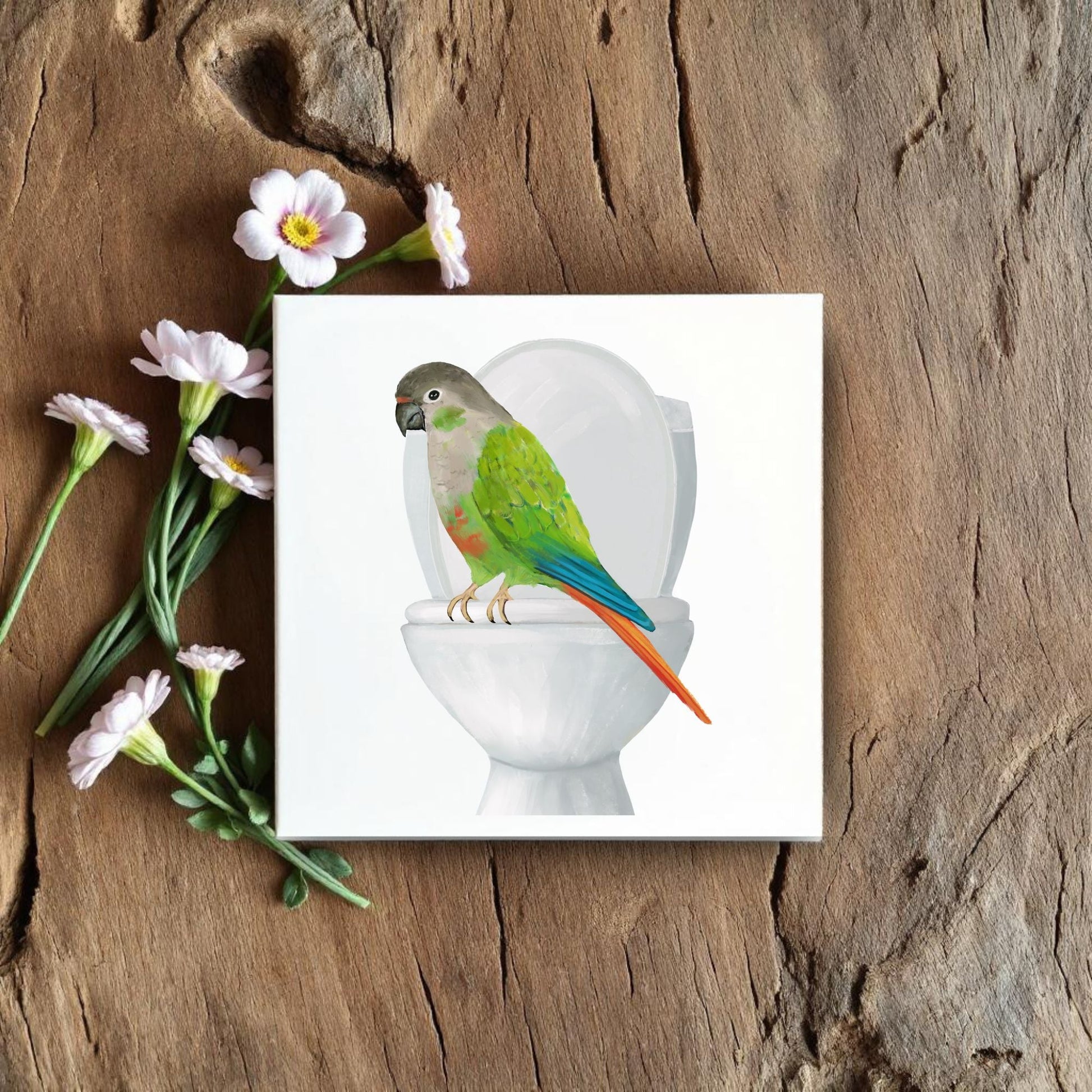 Green Cheek Conure on Toilet Ceramic Tile – Handcrafted Whimsical Bird Decor - MerikaArt