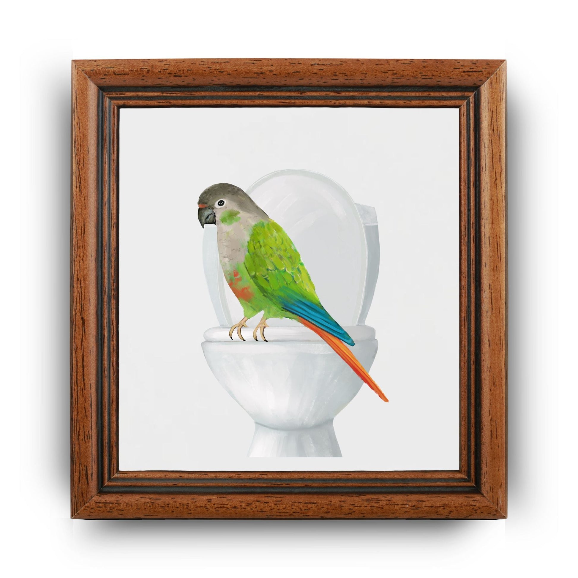 Green Cheek Conure on Toilet Ceramic Tile – Handcrafted Whimsical Bird Decor - MerikaArt