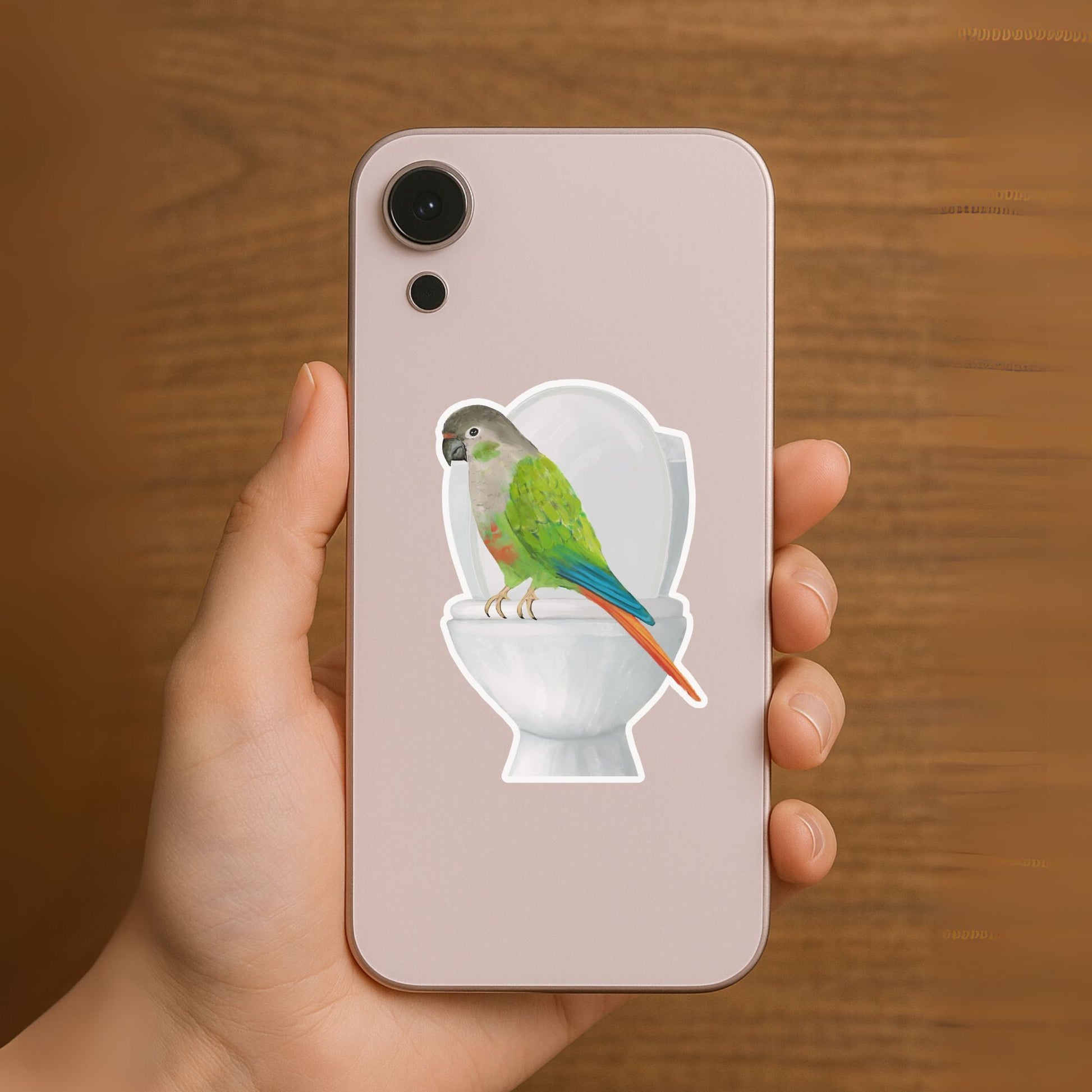 Green Cheek Conure on Toilet Vinyl Sticker - MerikaArt