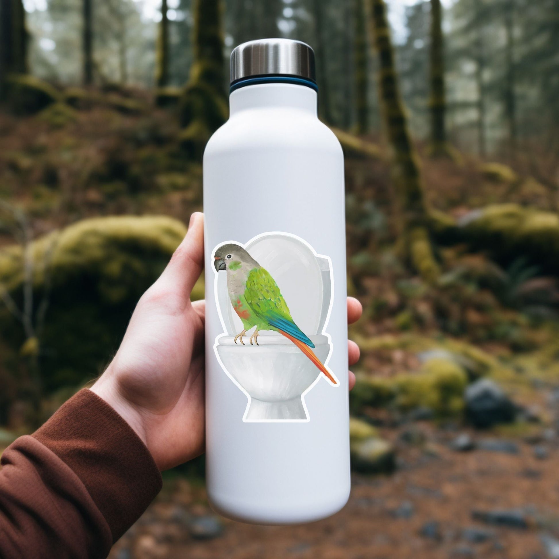 Green Cheek Conure on Toilet Vinyl Sticker - MerikaArt