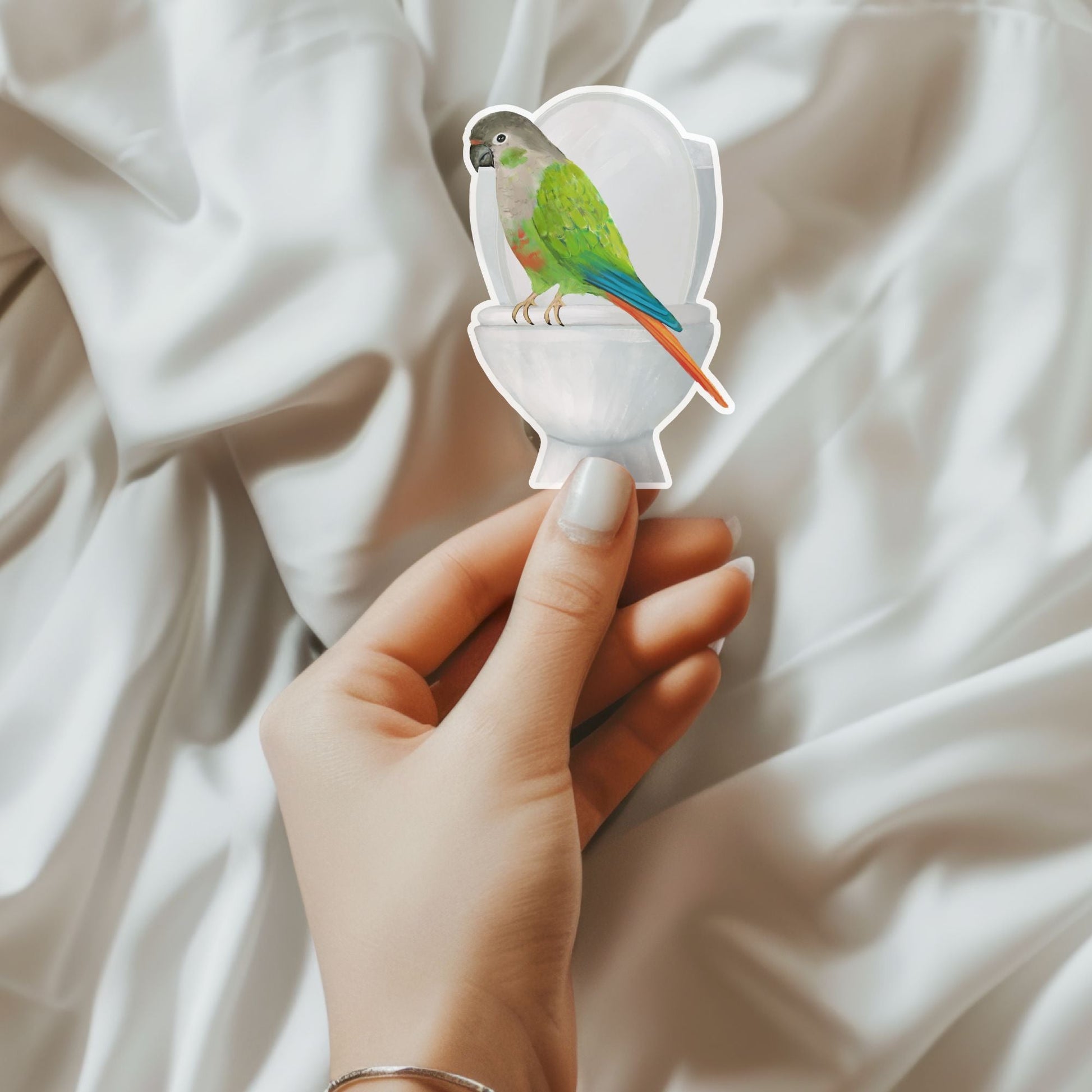 Green Cheek Conure on Toilet Vinyl Sticker - MerikaArt