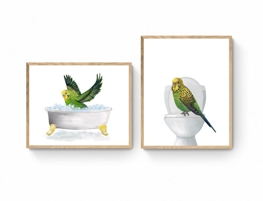 Green Flying Budgie Bathroom Set of 2, Parakeet On Toilet Print, Bird In Bath, Animal Bathroom Wall Art, Bird Memorial Painting, Bird Lover - MerikaArt