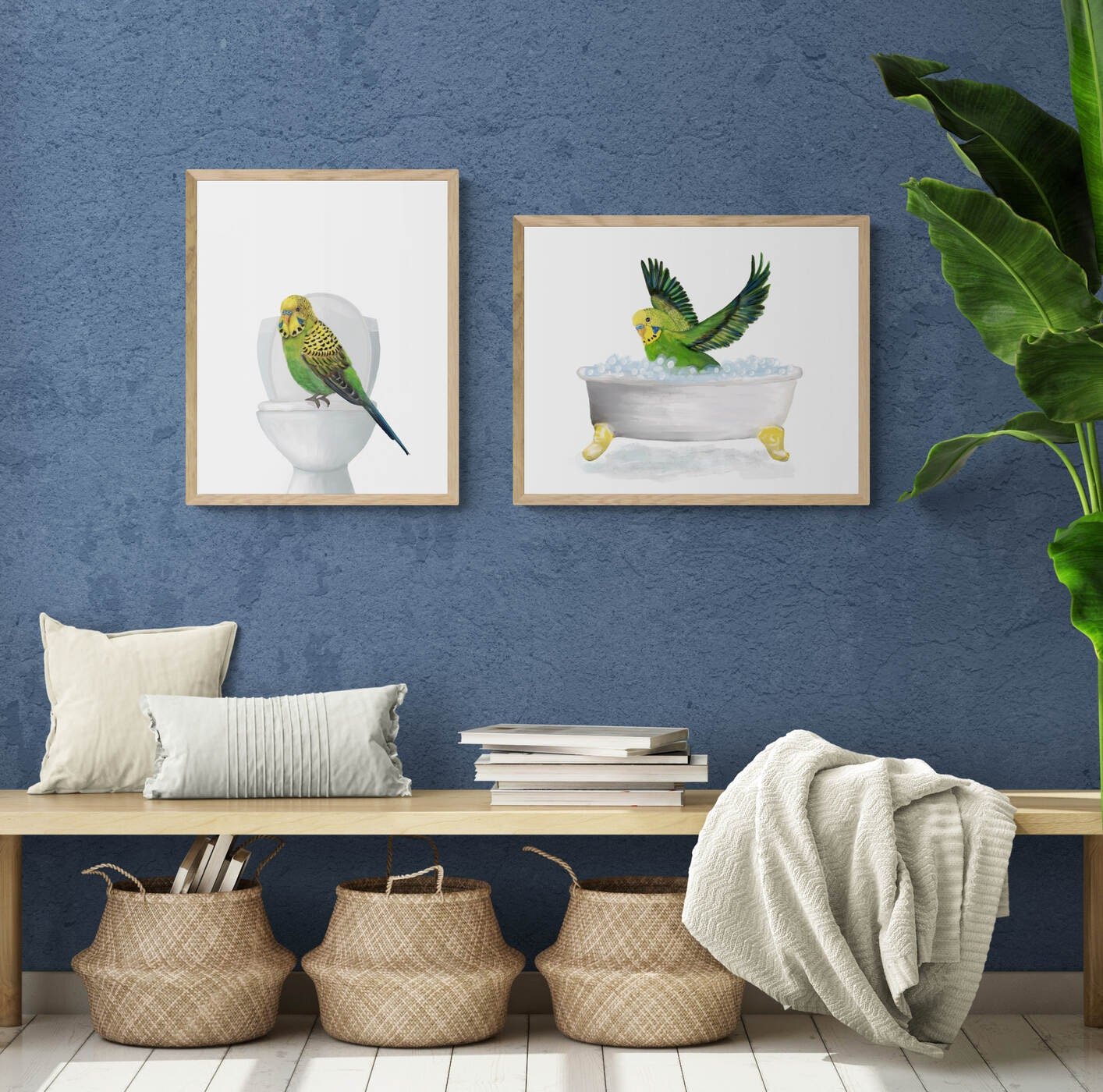 Green Flying Budgie Bathroom Set of 2, Parakeet On Toilet Print, Bird In Bath, Animal Bathroom Wall Art, Bird Memorial Painting, Bird Lover - MerikaArt