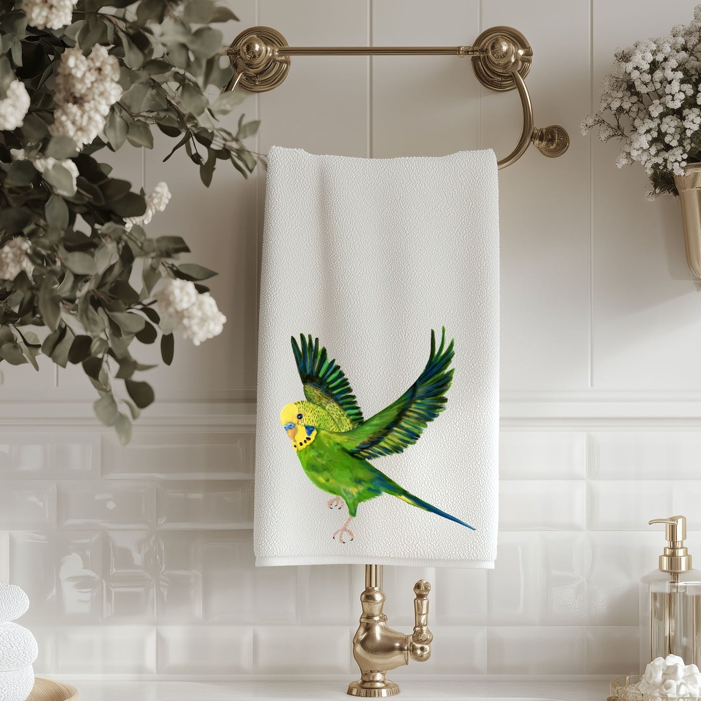 Green Flying Budgie Bathroom Towel - MerikaArt