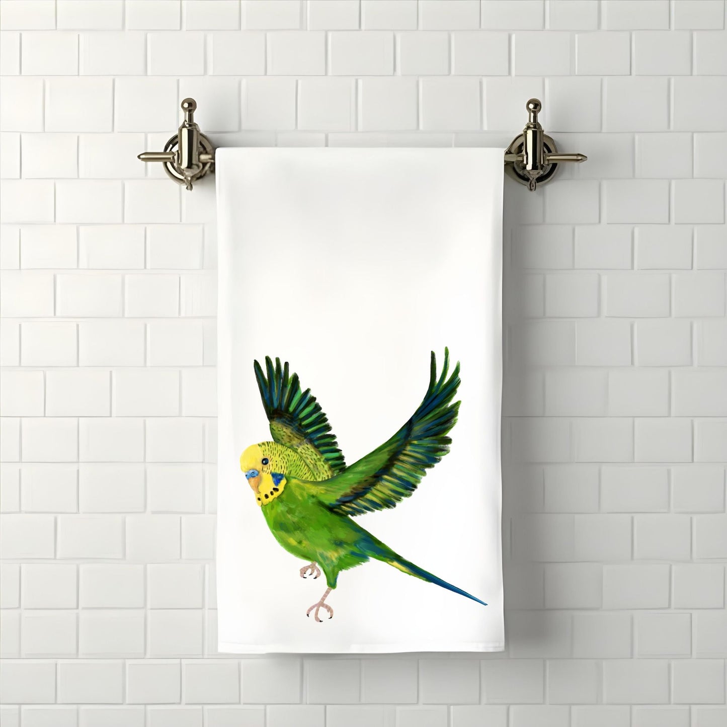Green Flying Budgie Bathroom Towel - MerikaArt