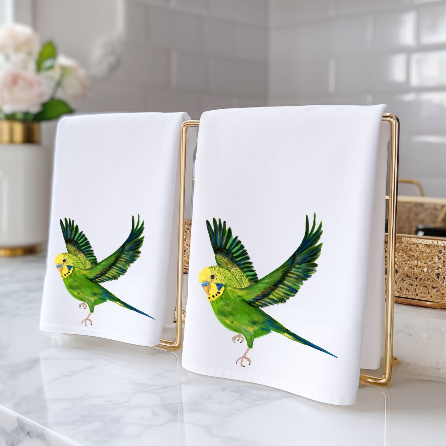 Green Flying Budgie Bathroom Towel - MerikaArt