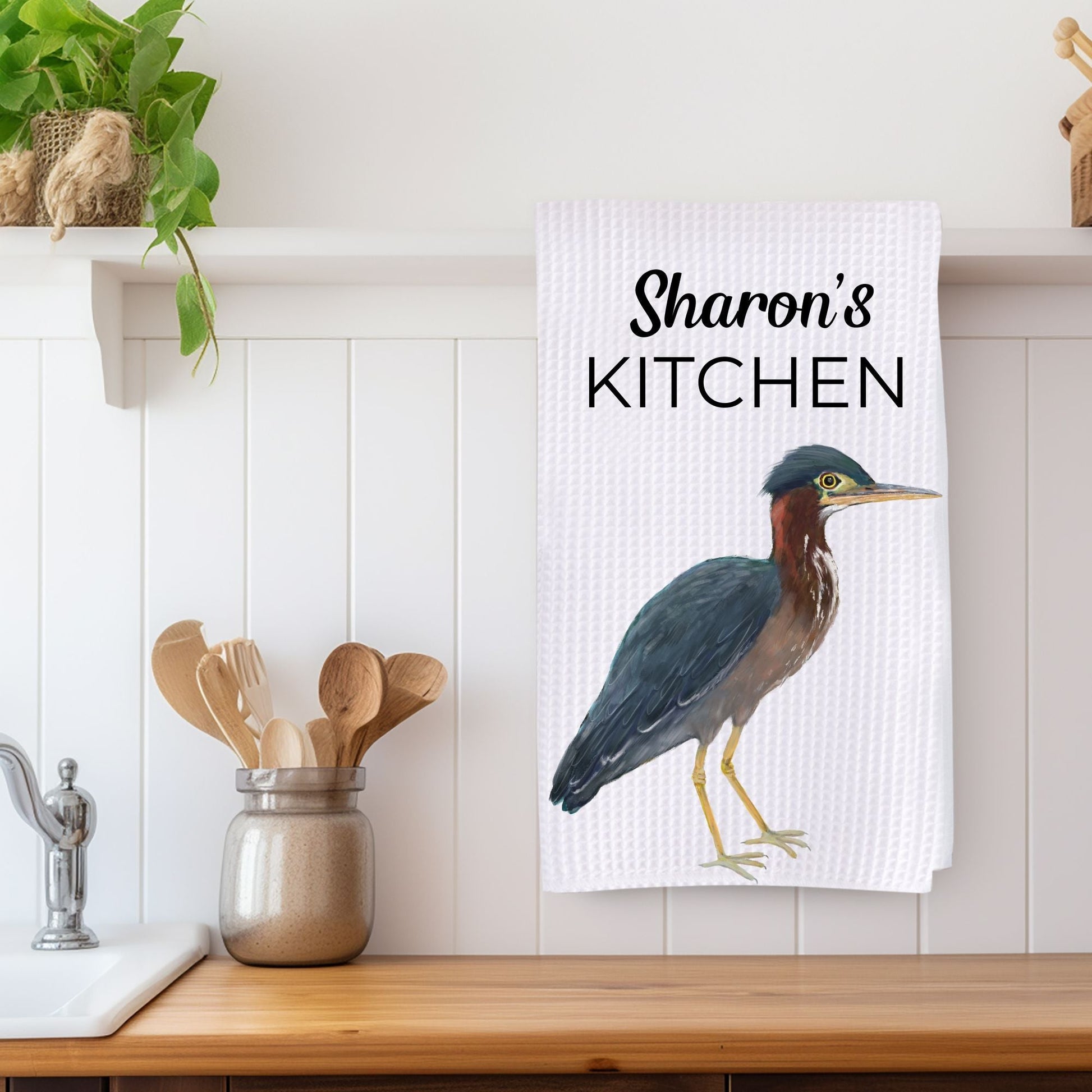 Green Heron Bird Kitchen Towel - MerikaArt