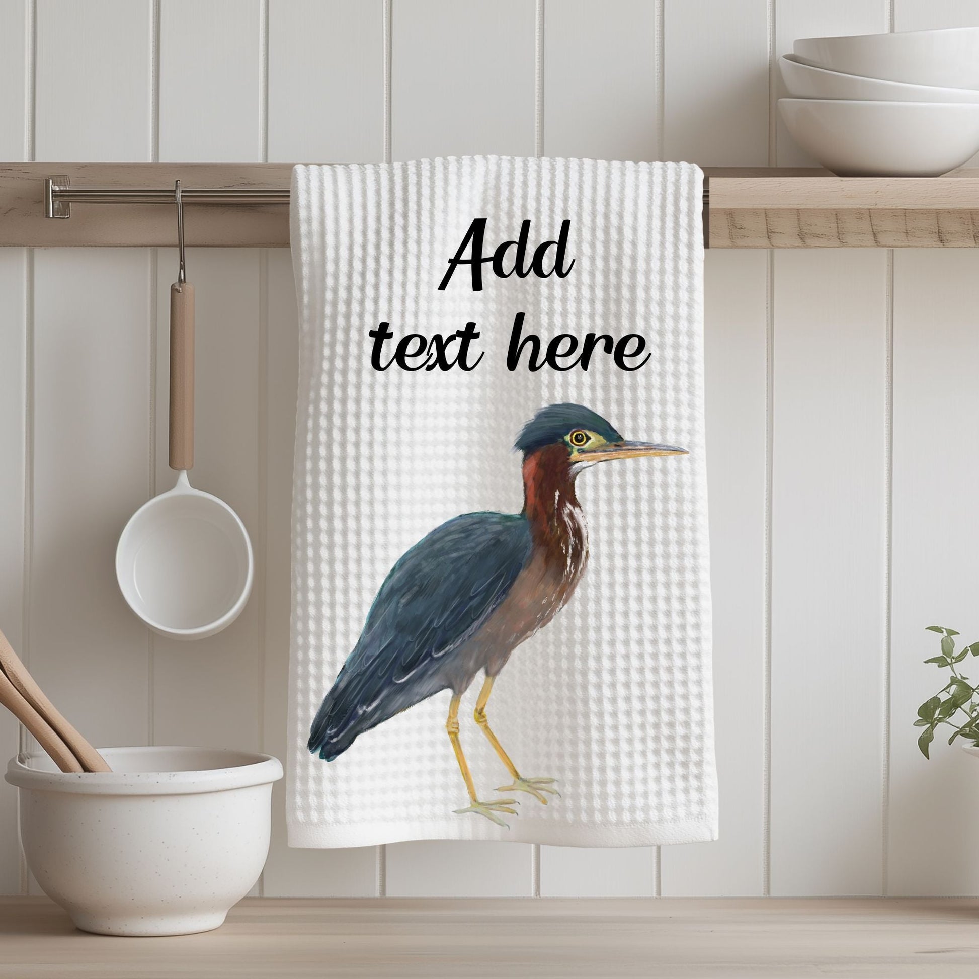 Green Heron Bird Kitchen Towel - MerikaArt