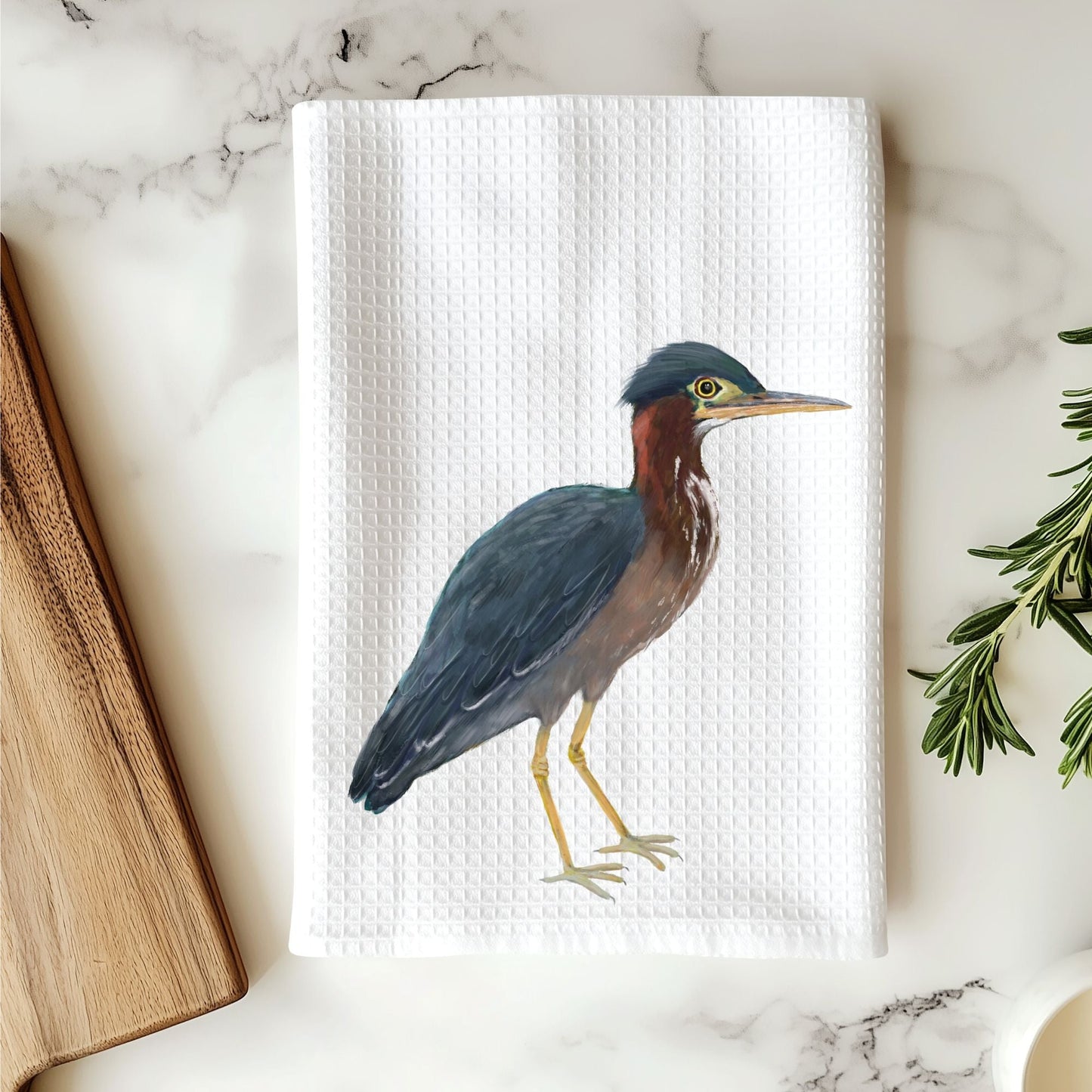 Green Heron Bird Kitchen Towel - MerikaArt