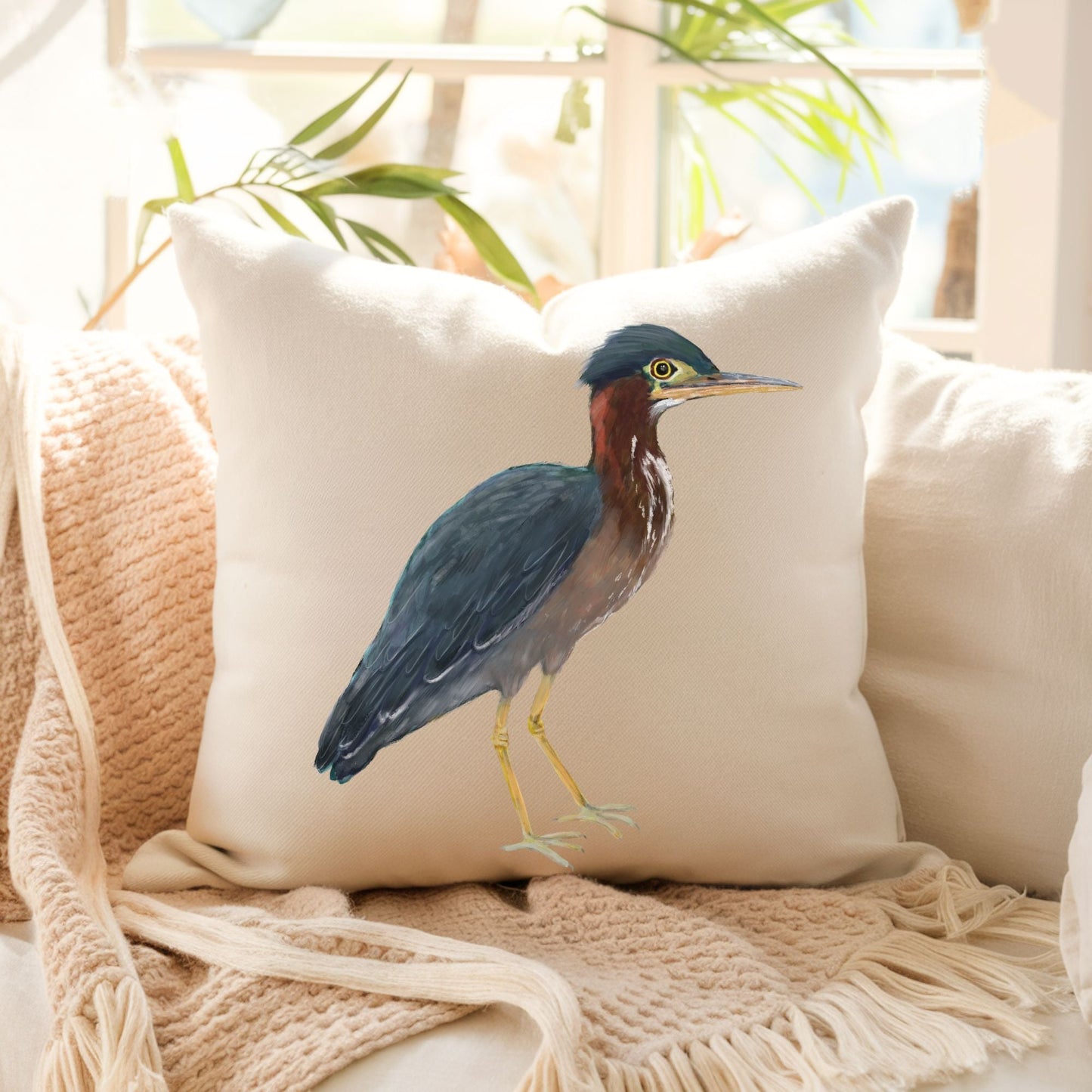 Green Heron Bird Pillow - MerikaArt