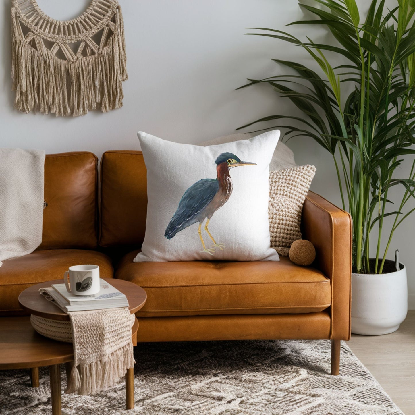 Green Heron Bird Pillow - MerikaArt