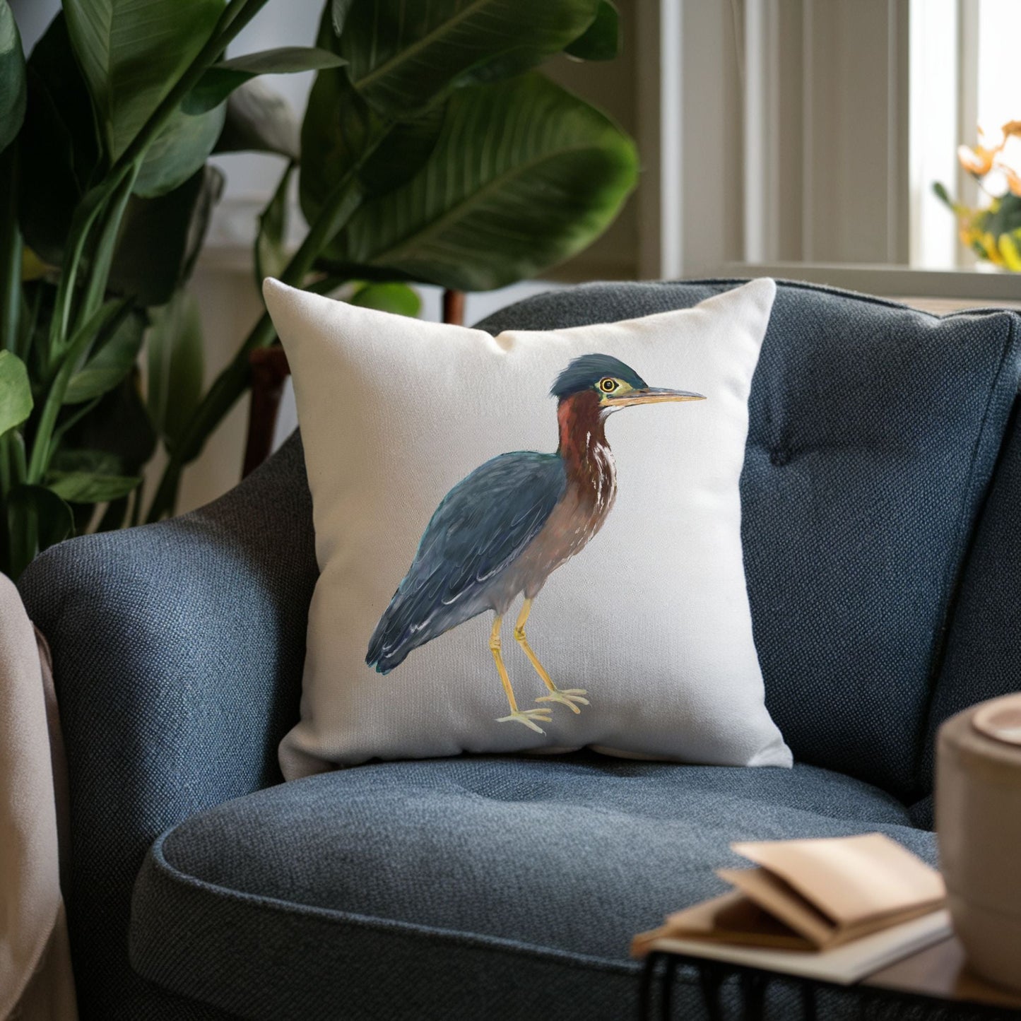 Green Heron Bird Pillow - MerikaArt