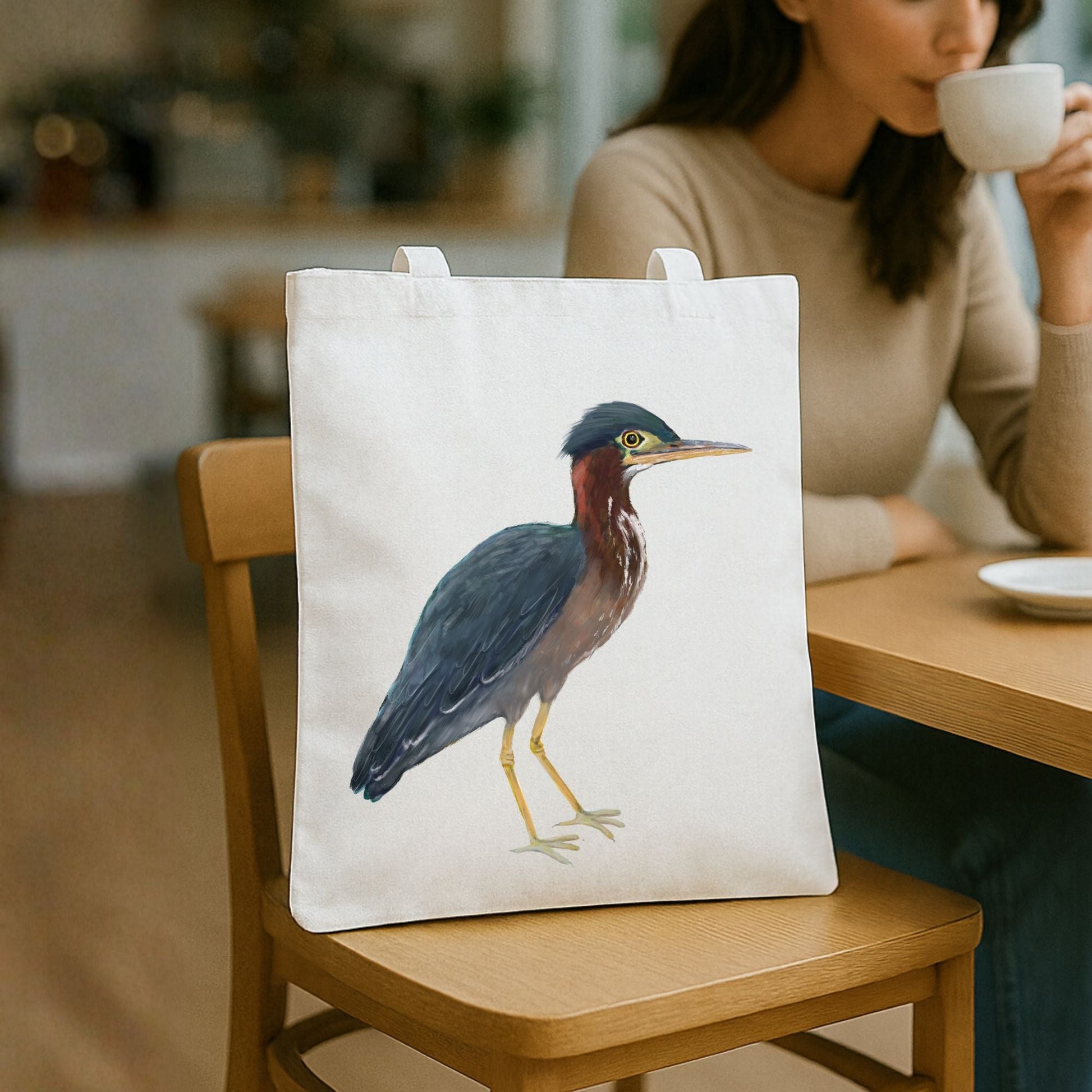 Green Heron Canvas Tote Bag - MerikaArt