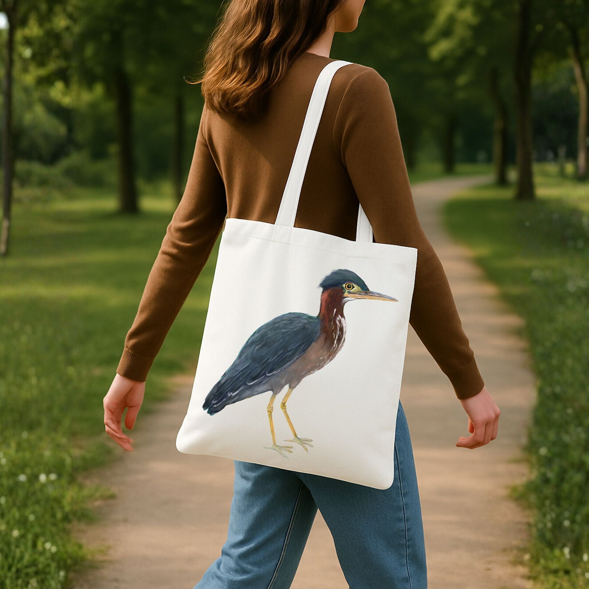 Green Heron Canvas Tote Bag - MerikaArt
