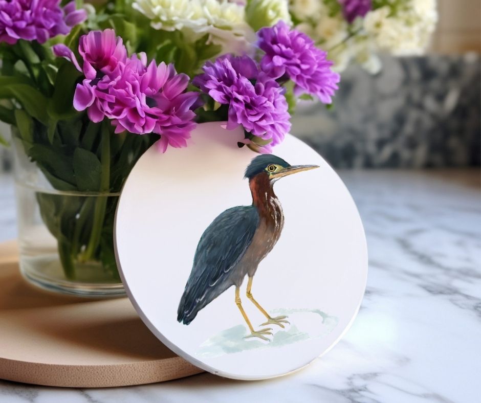 Green Heron Ceramic Coaster - MerikaArt