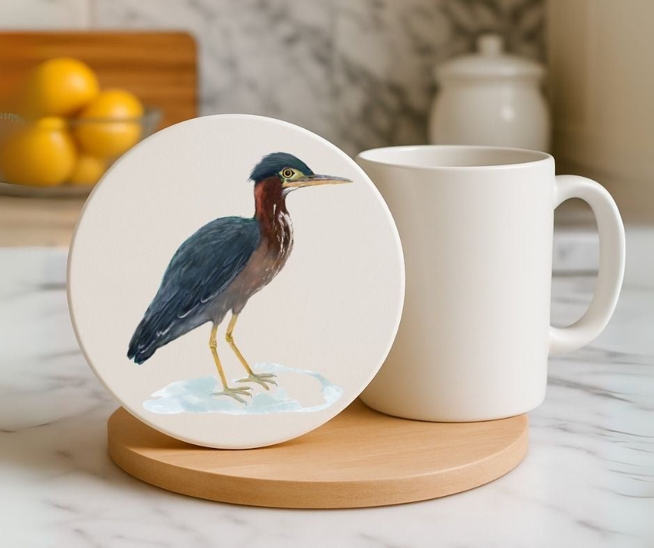 Green Heron Ceramic Coaster - MerikaArt