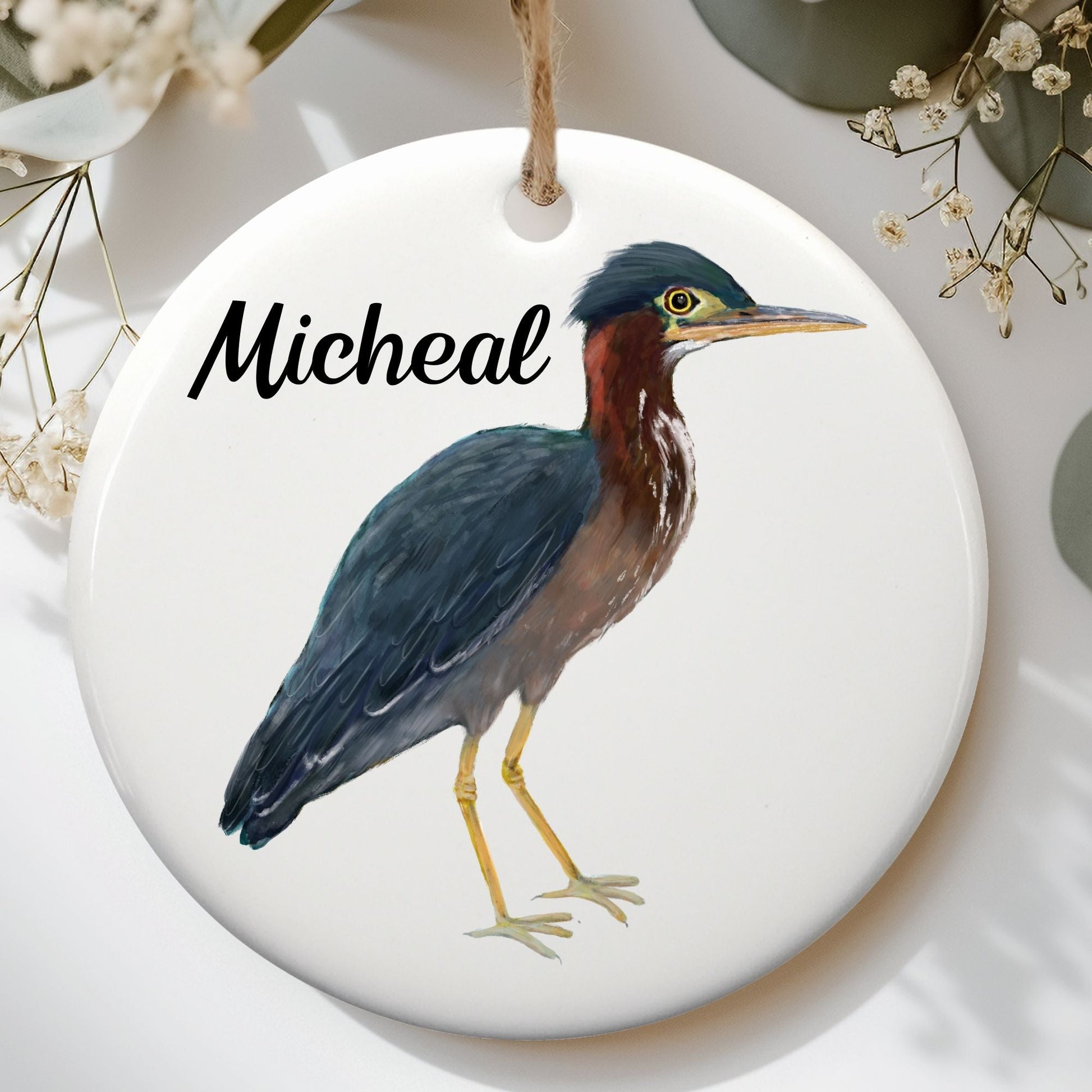 Green Heron Ceramic Ornament - MerikaArt