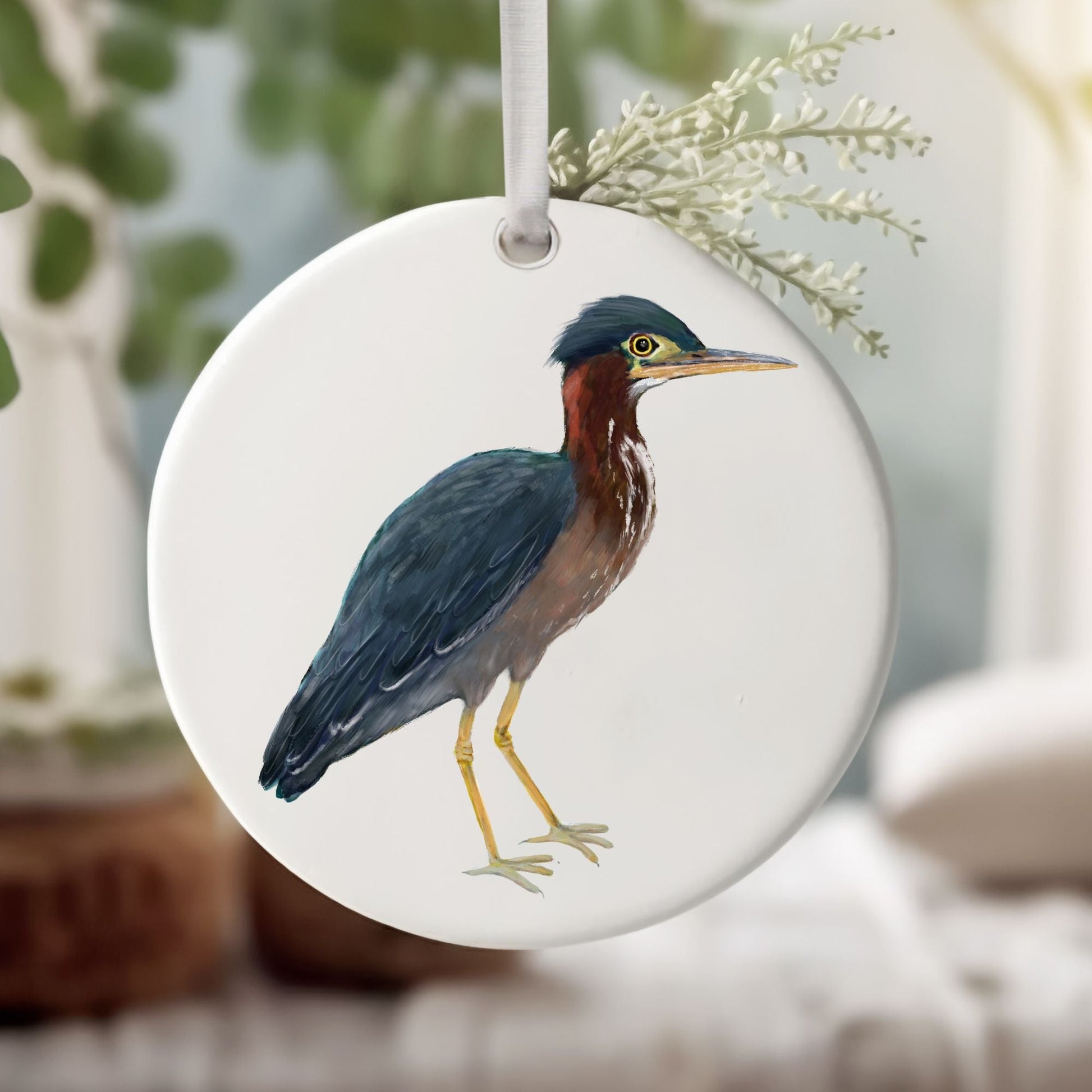 Green Heron Ceramic Ornament - MerikaArt