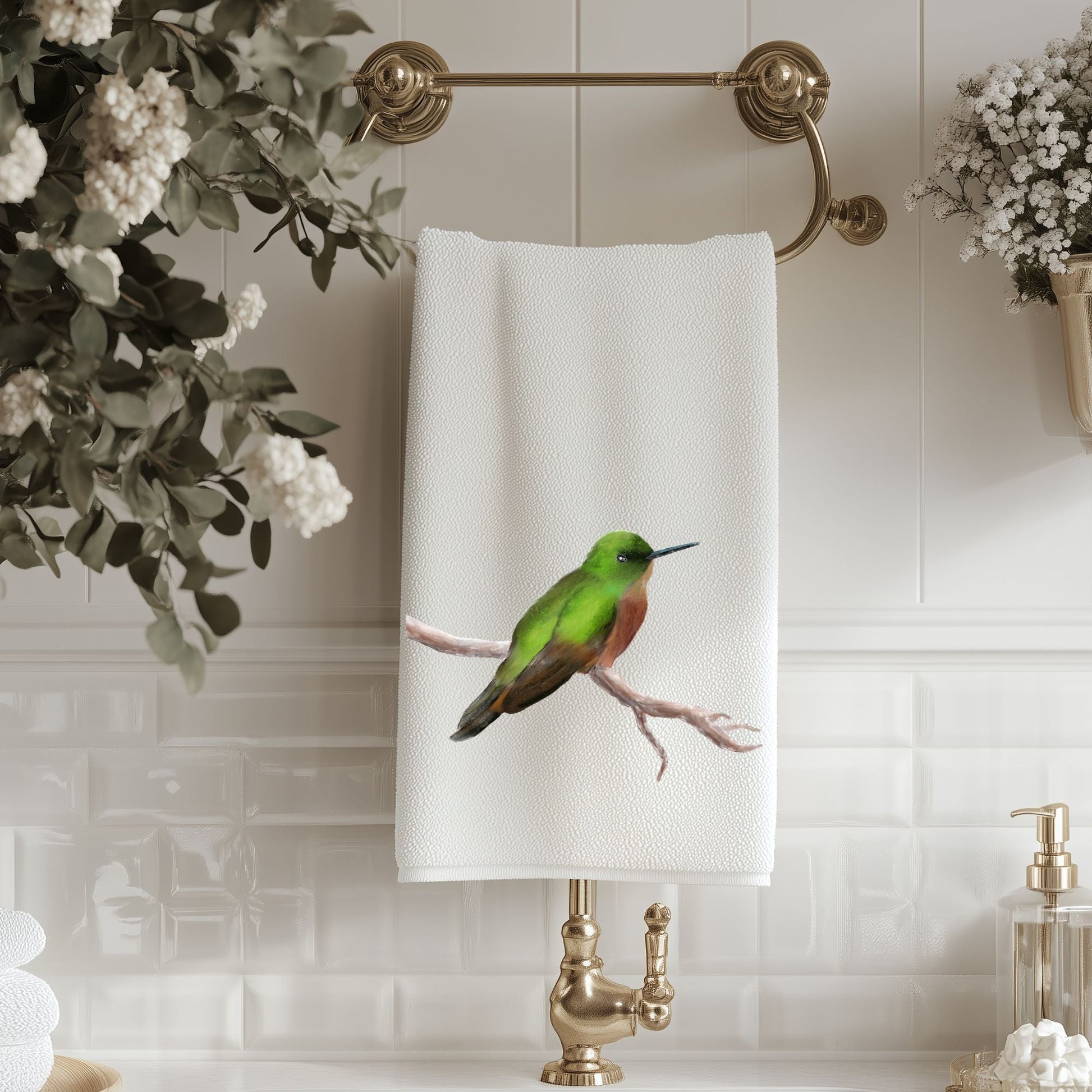 Green Hummingbird Bathroom Towel - MerikaArt