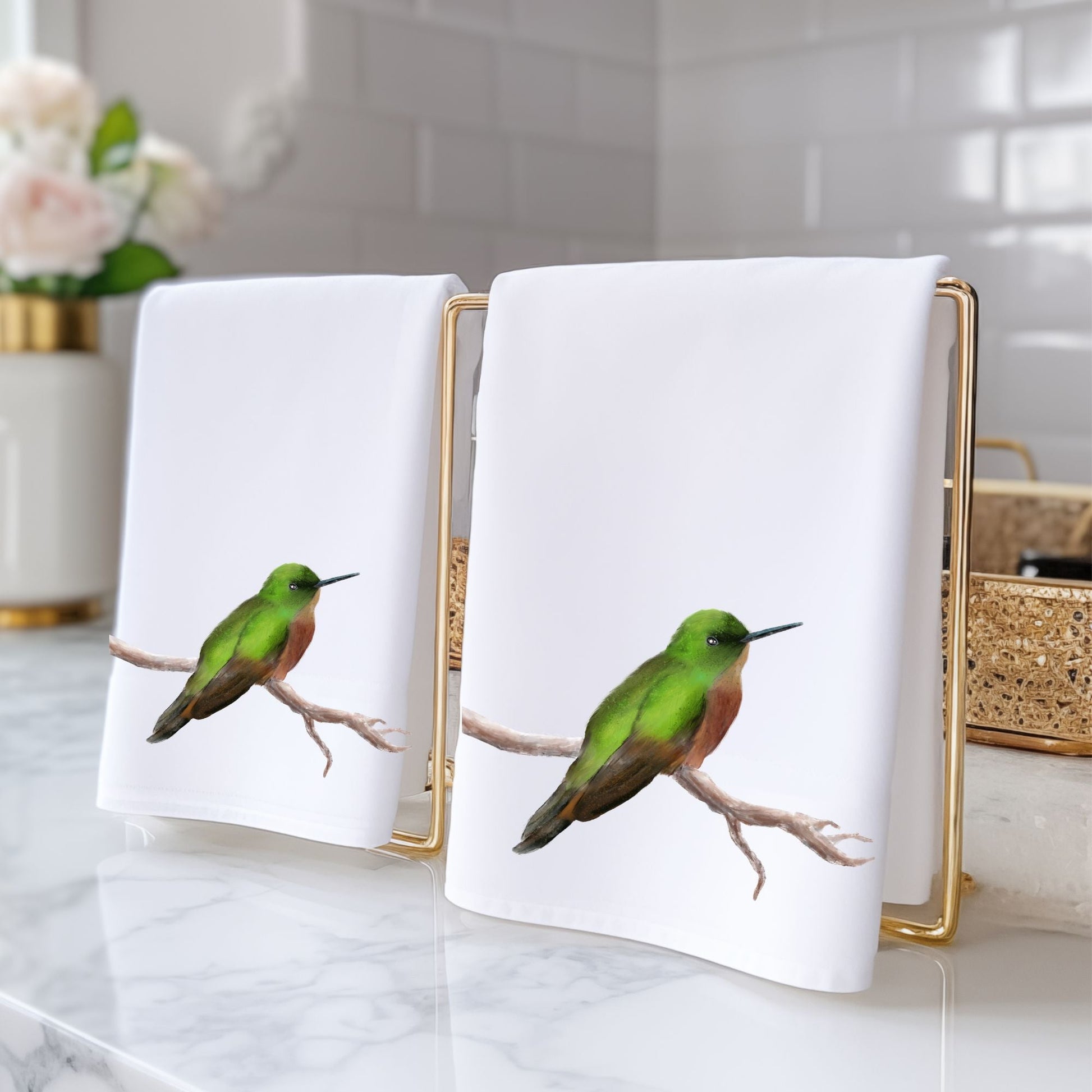 Green Hummingbird Bathroom Towel - MerikaArt