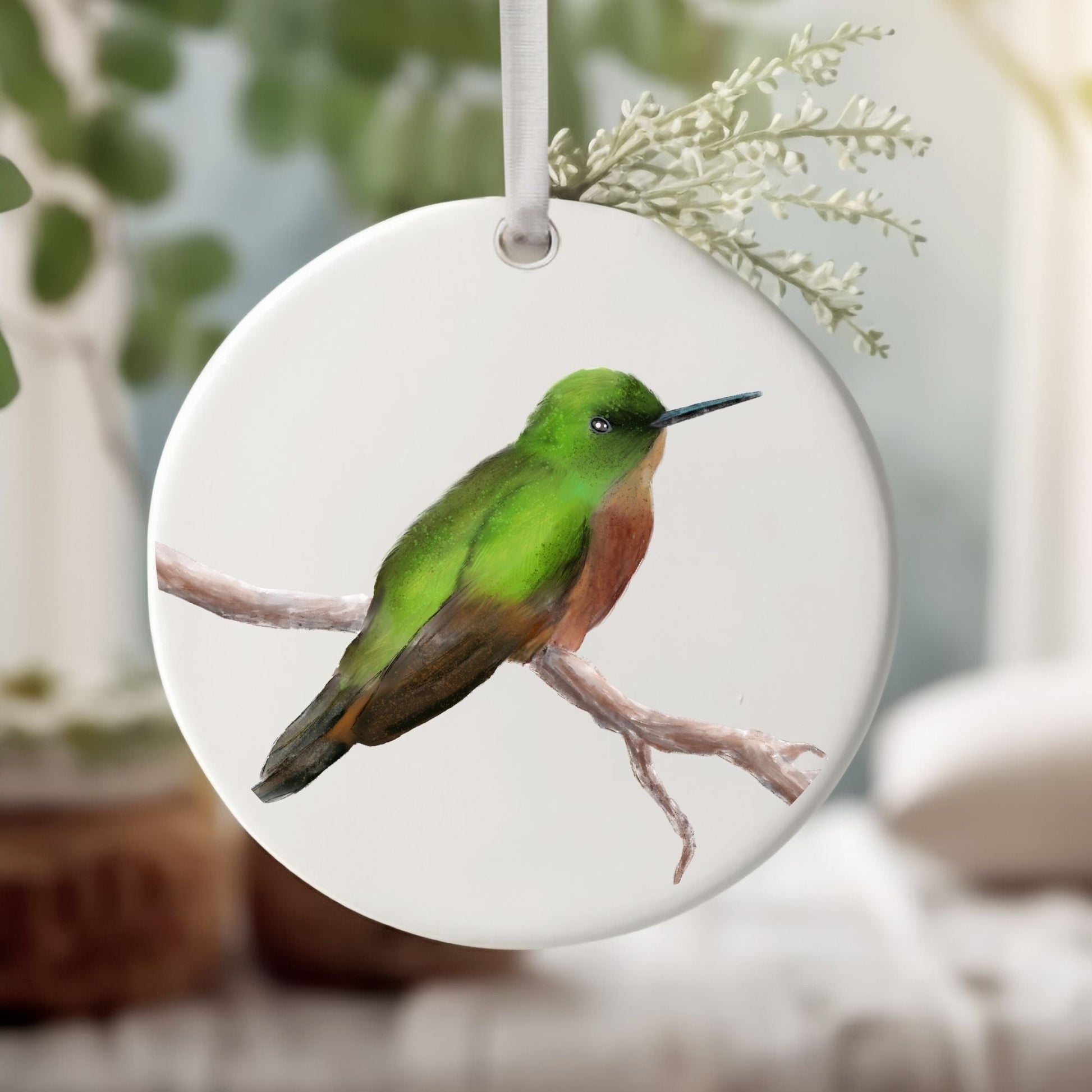 Green Hummingbird Ceramic Ornament - MerikaArt