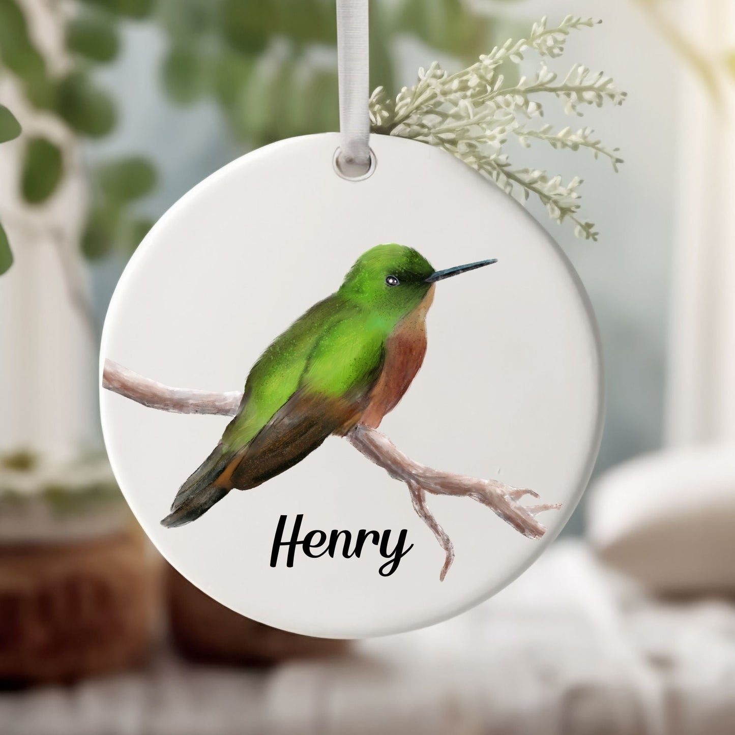 Green Hummingbird Ceramic Ornament - MerikaArt