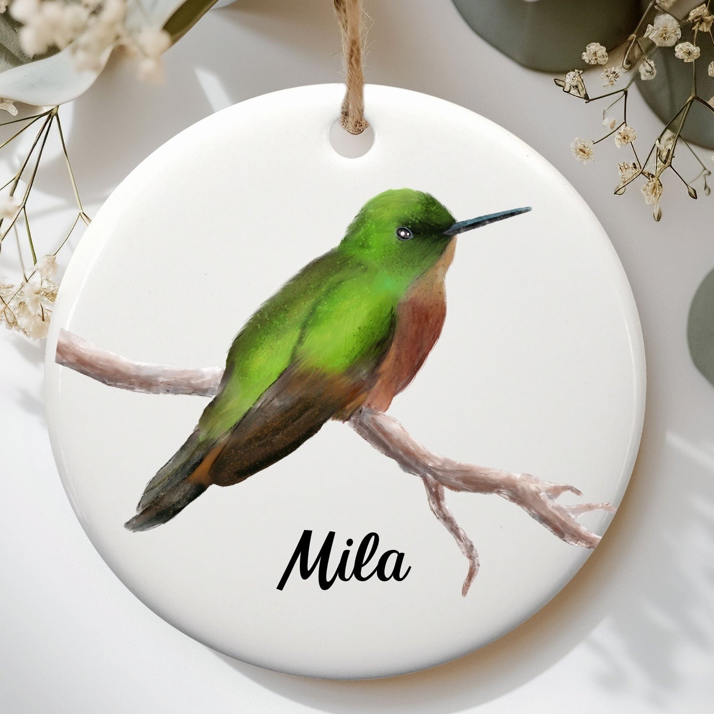 Green Hummingbird Ceramic Ornament - MerikaArt