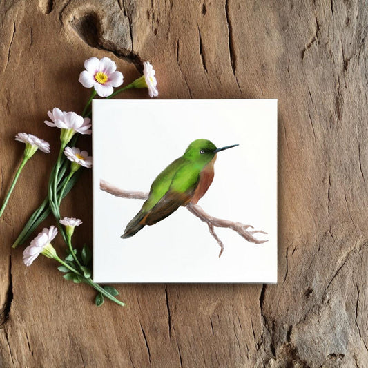 Green Hummingbird Ceramic Tile – Handcrafted Bird Lover Artwork - MerikaArt