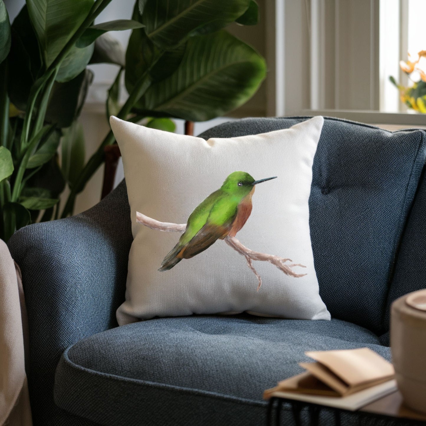 Green Hummingbird Pillow - MerikaArt