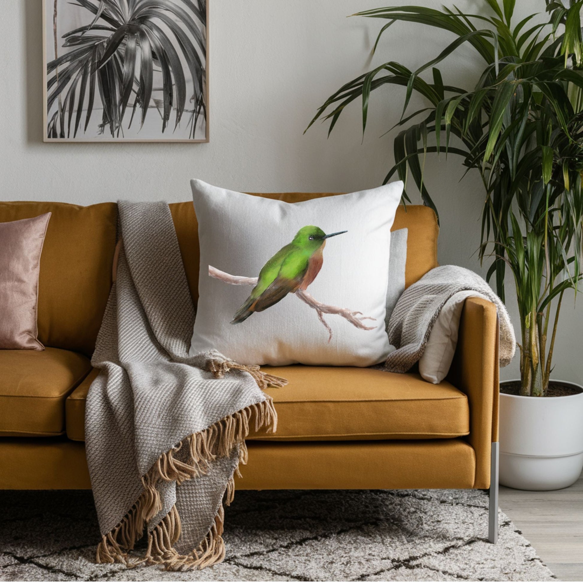 Green Hummingbird Pillow - MerikaArt