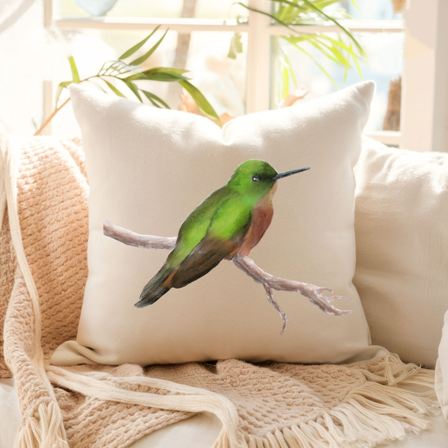 Green Hummingbird Pillow - MerikaArt