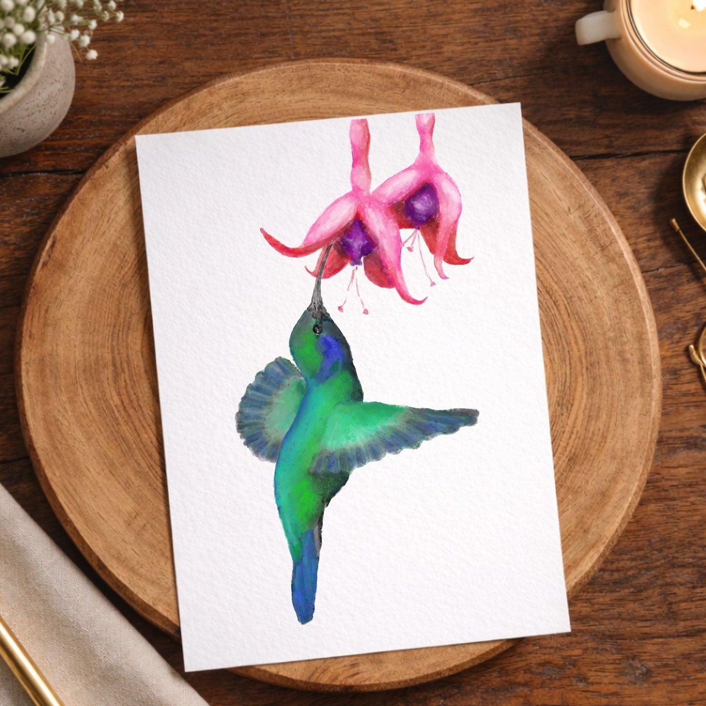 Green Hummingbird with Pink Fuchsia Flower Postcard - MerikaArt