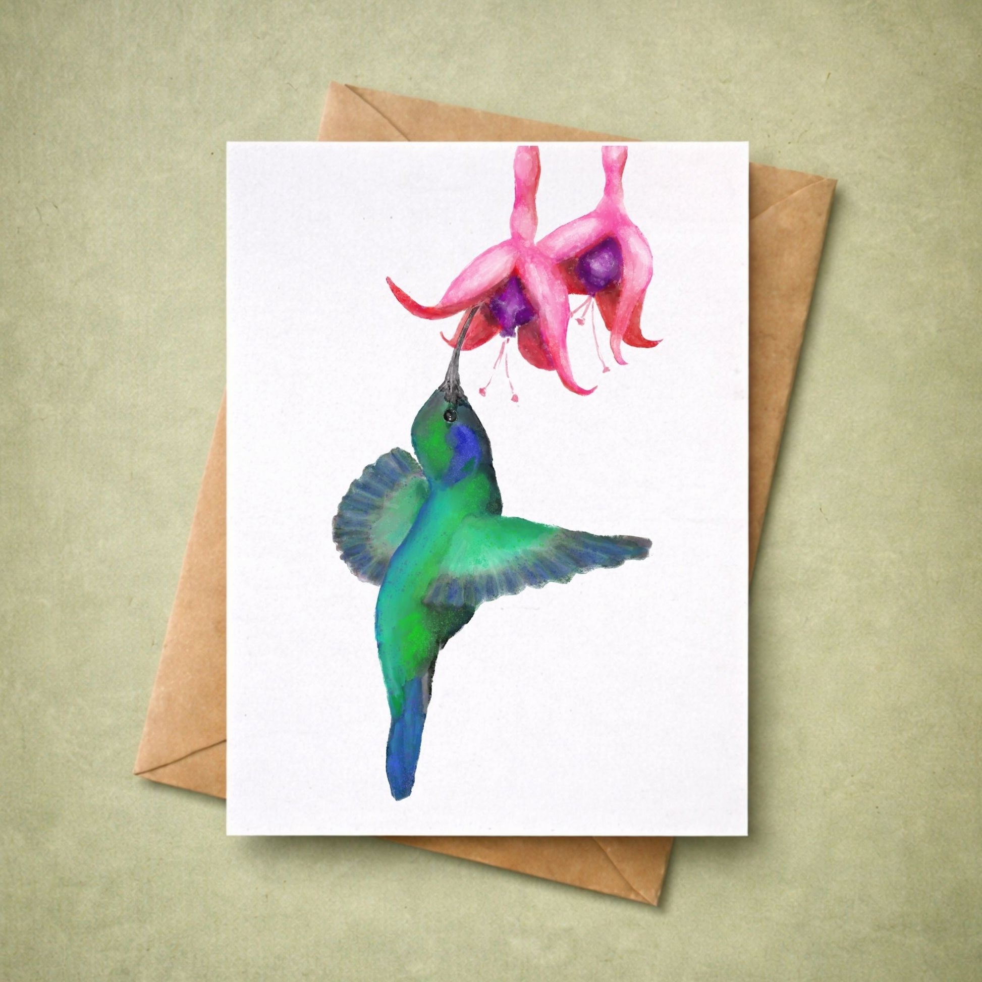 Green Hummingbird with Pink Fuchsia Flower Postcard - MerikaArt