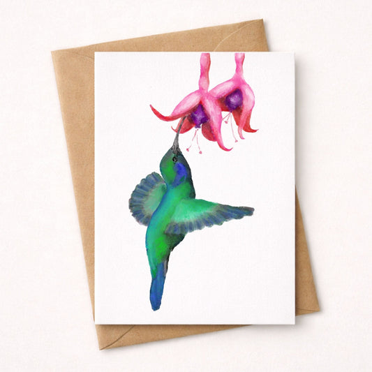 Green Hummingbird with Pink Fuchsia Flower Postcard - MerikaArt