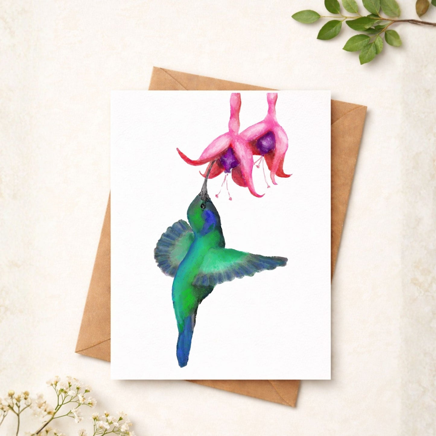 Green Hummingbird with Pink Fuchsia Flower Postcard - MerikaArt