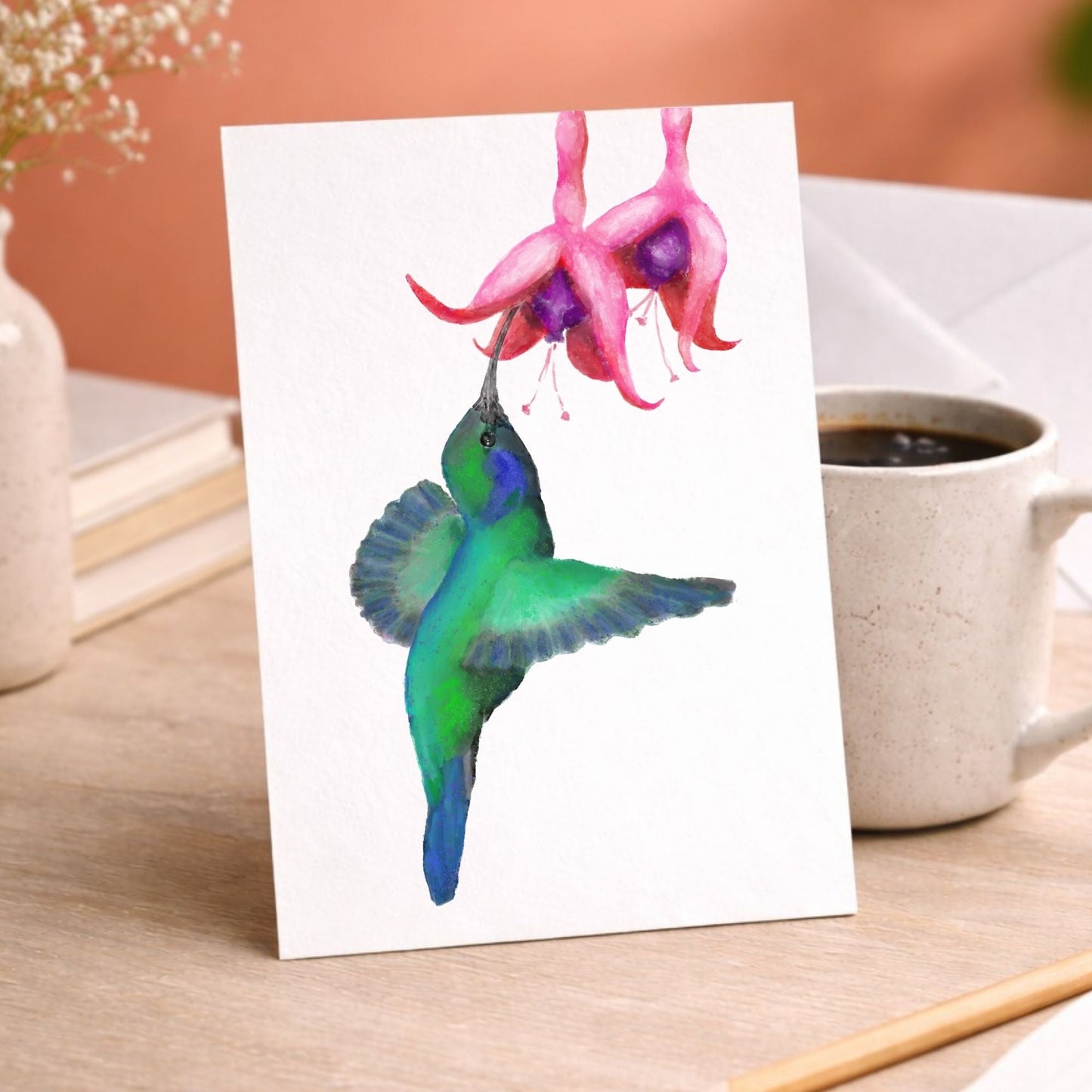 Green Hummingbird with Pink Fuchsia Flower Postcard - MerikaArt