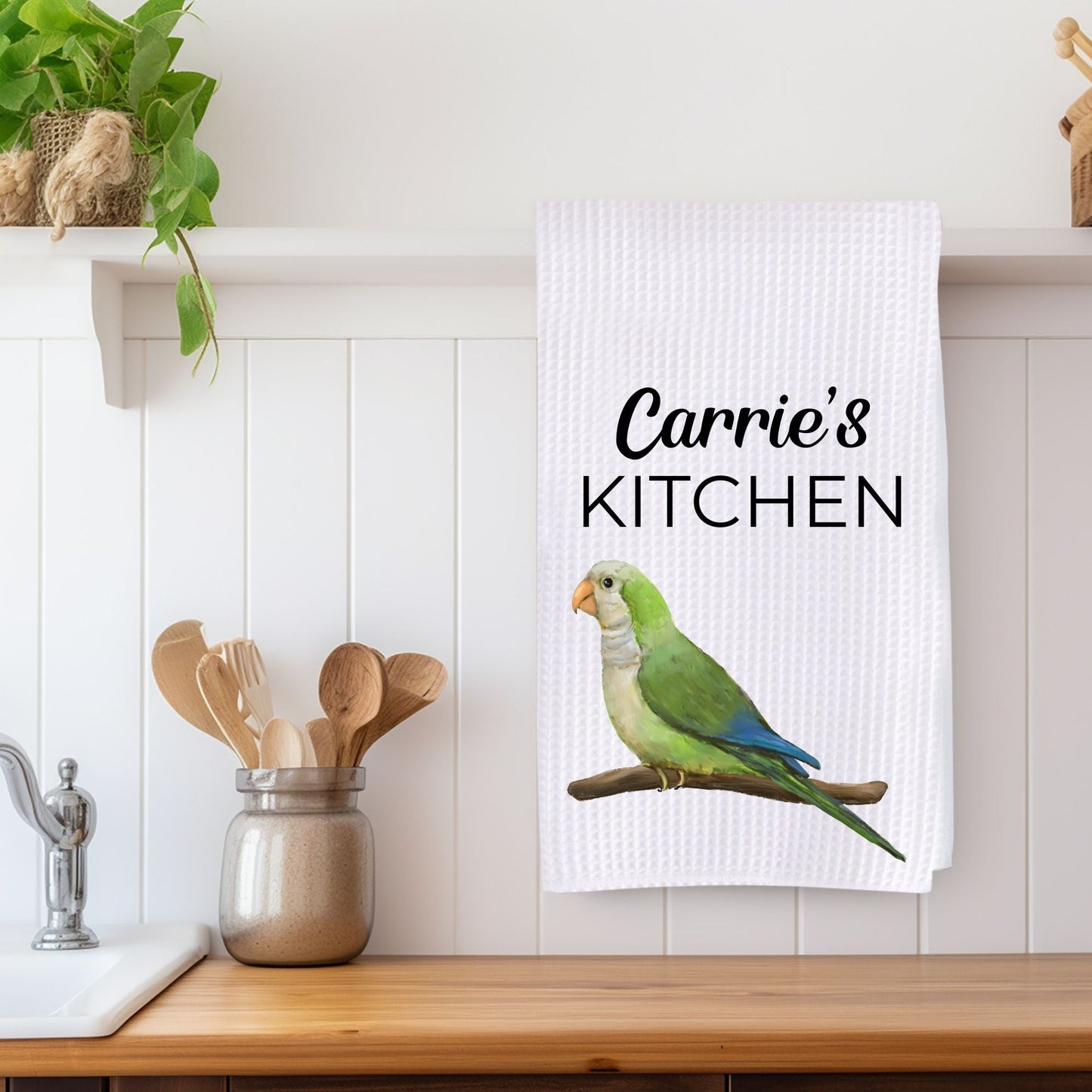 Green Monk Parakeet Kitchen Towel - MerikaArt