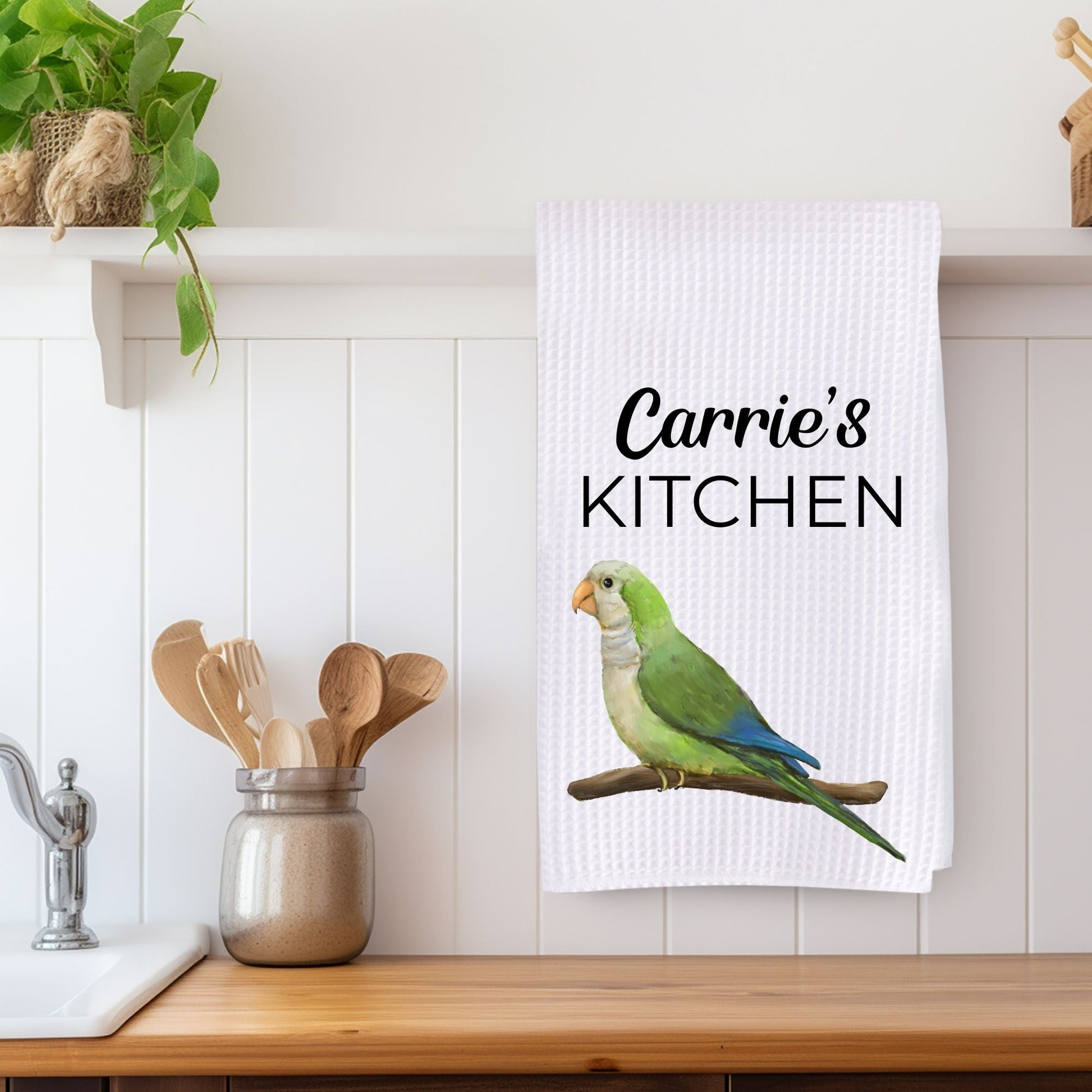 Green Monk Parakeet Kitchen Towel - MerikaArt