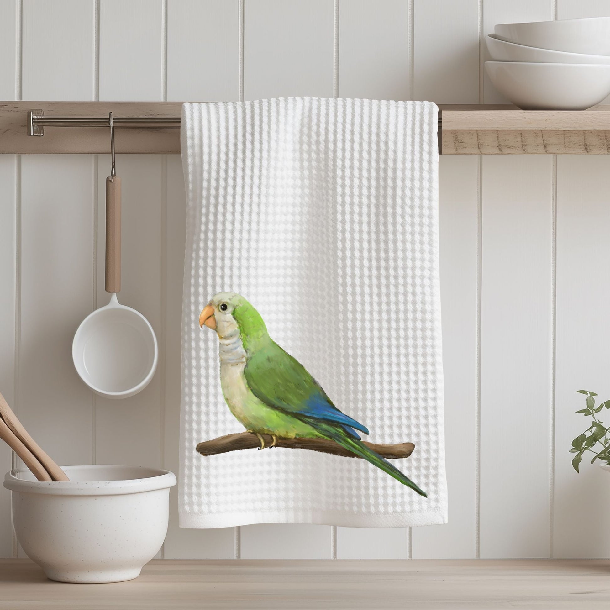 Green Monk Parakeet Kitchen Towel - MerikaArt