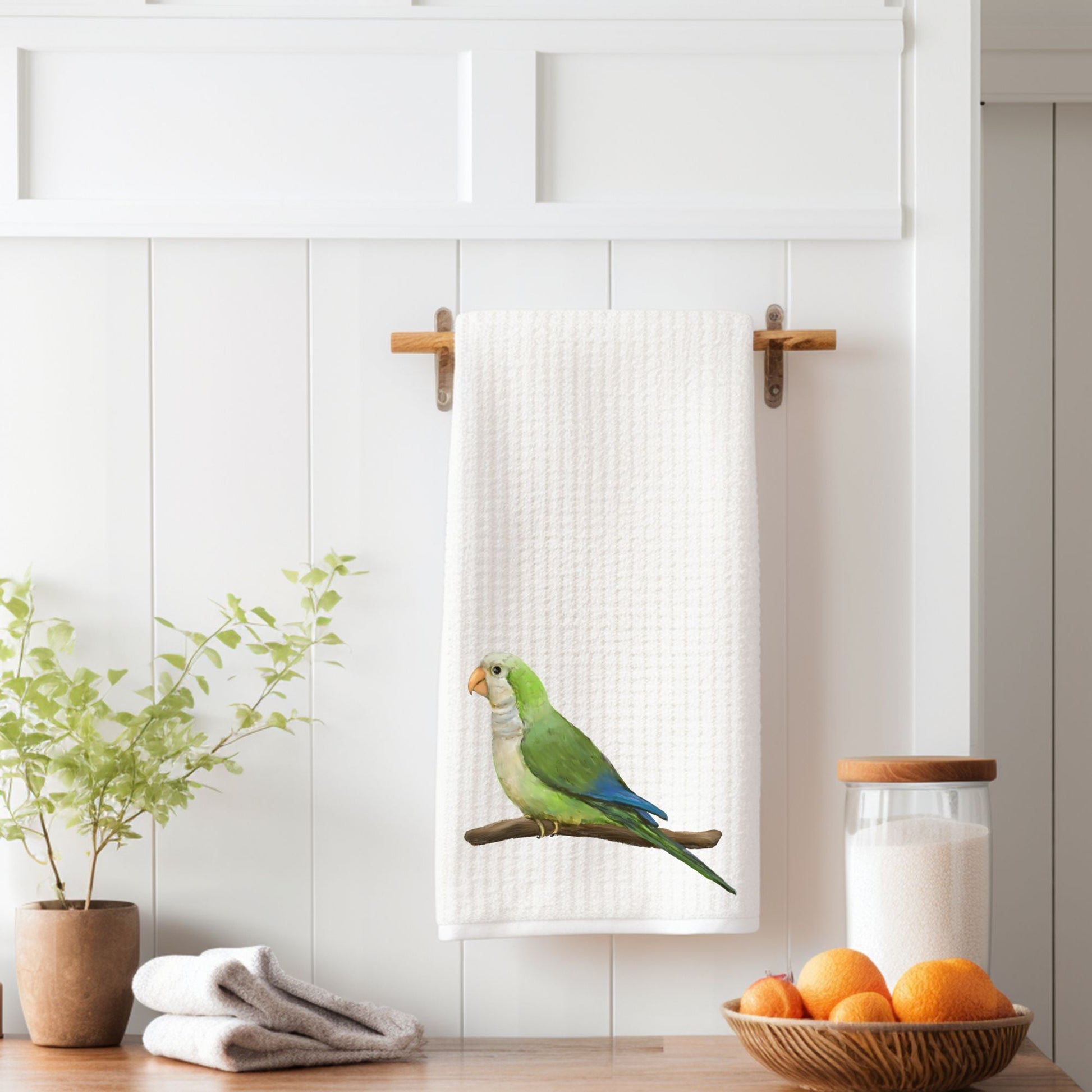 Green Monk Parakeet Kitchen Towel - MerikaArt