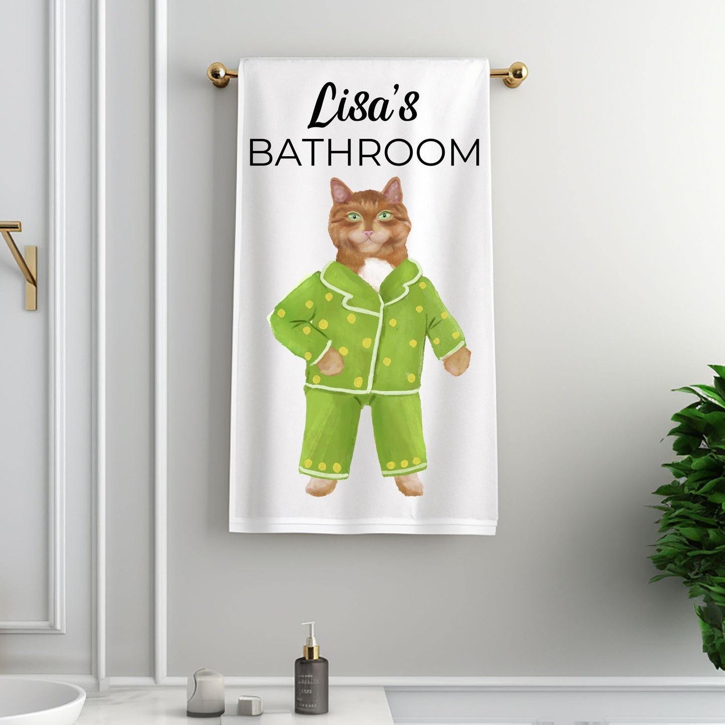 Green Pajama Cat Bathroom Towel - MerikaArt