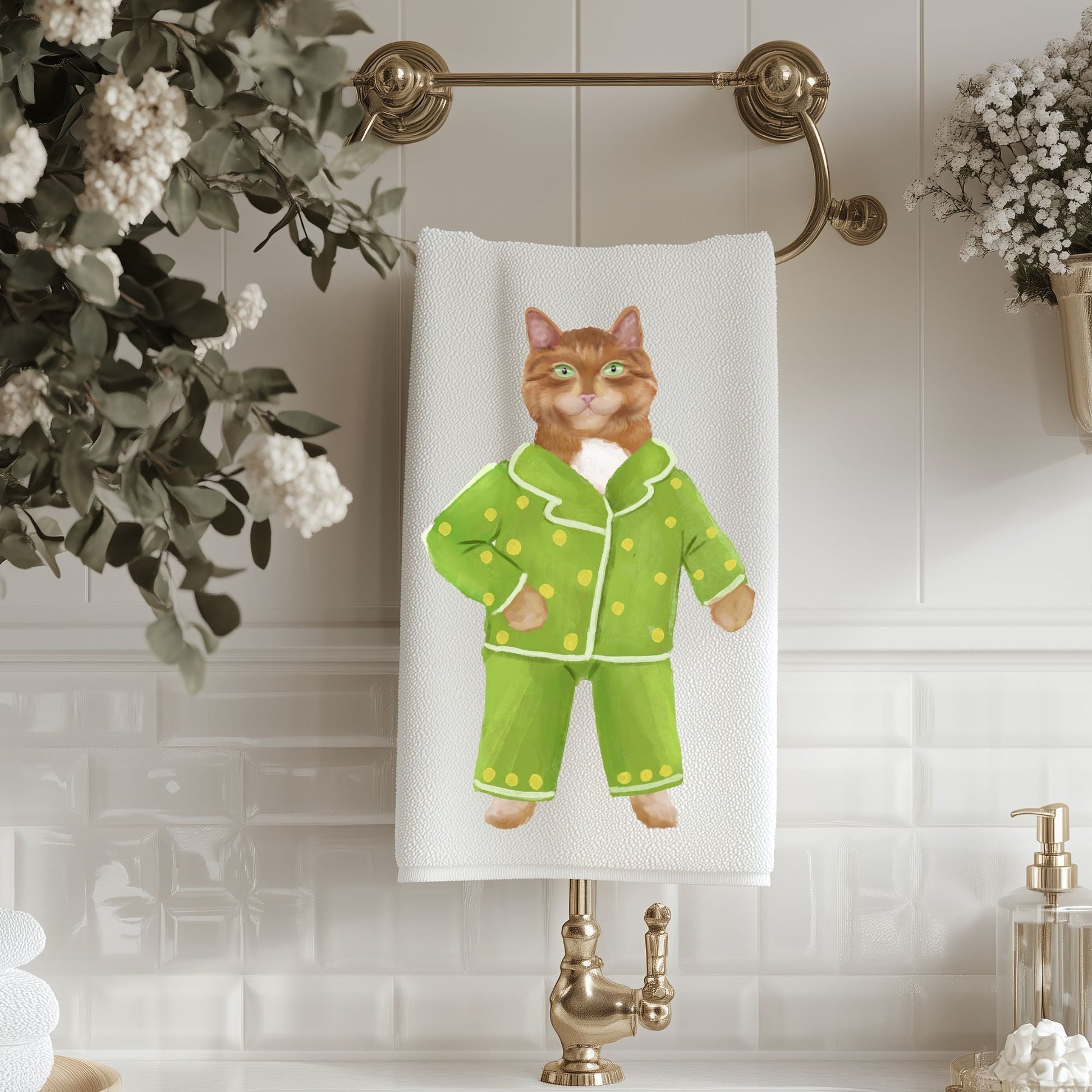 Green Pajama Cat Bathroom Towel - MerikaArt