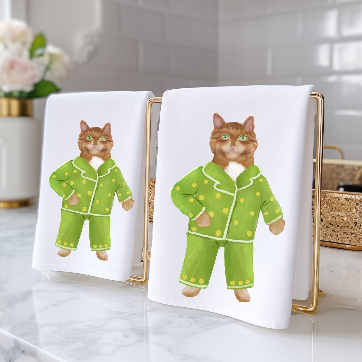 Green Pajama Cat Bathroom Towel - MerikaArt