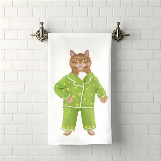 Green Pajama Cat Bathroom Towel - MerikaArt