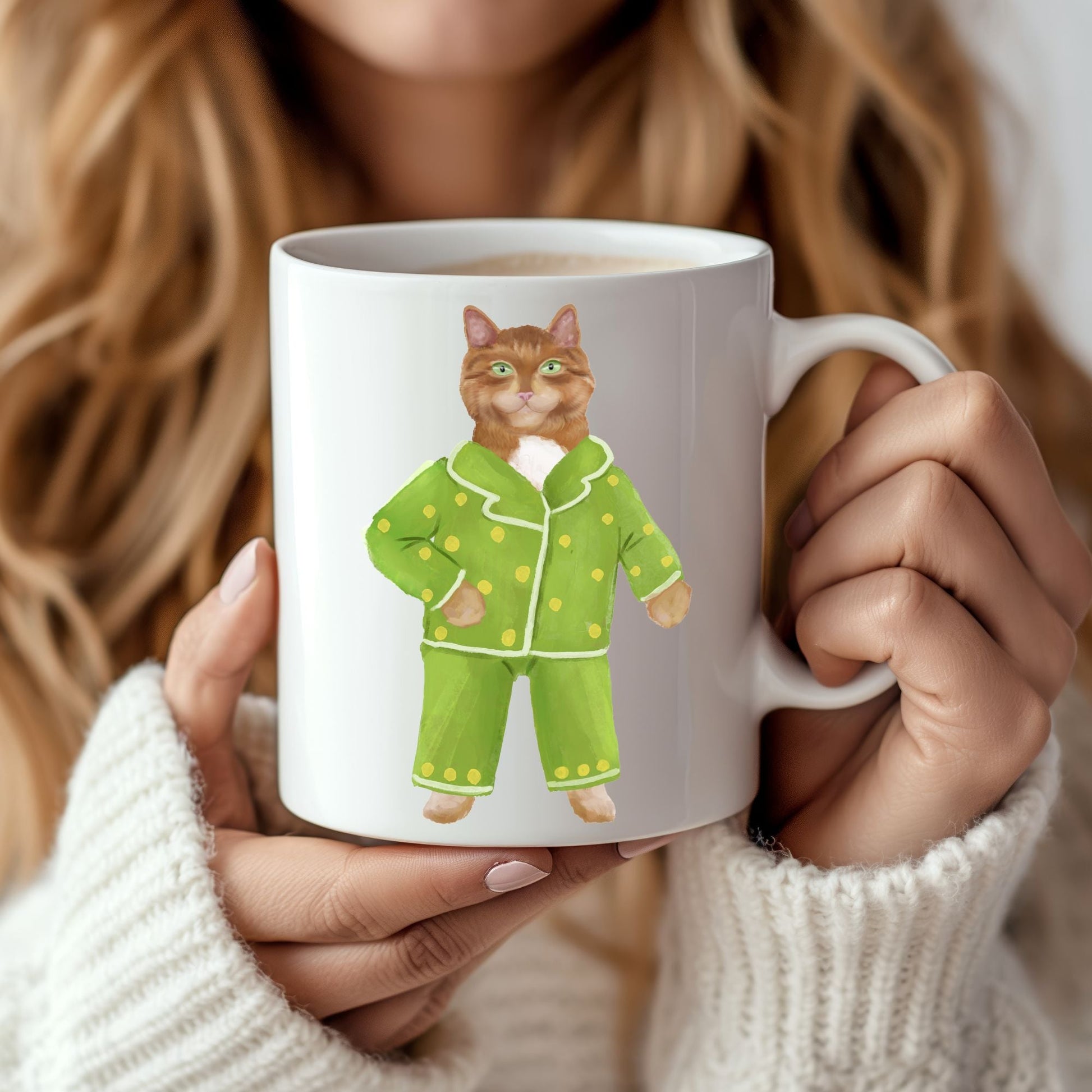 Green Pajama Cat Mug - MerikaArt