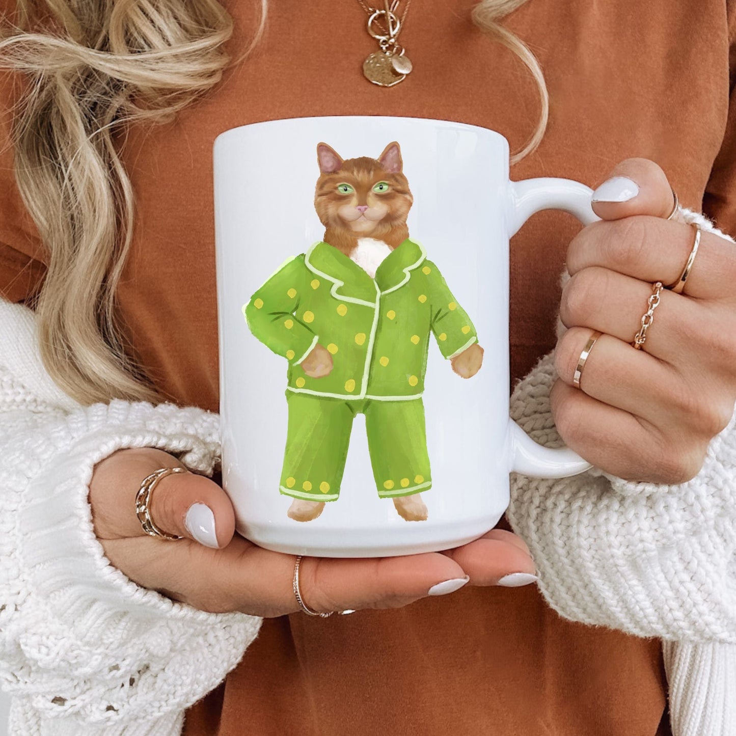 Green Pajama Cat Mug - MerikaArt